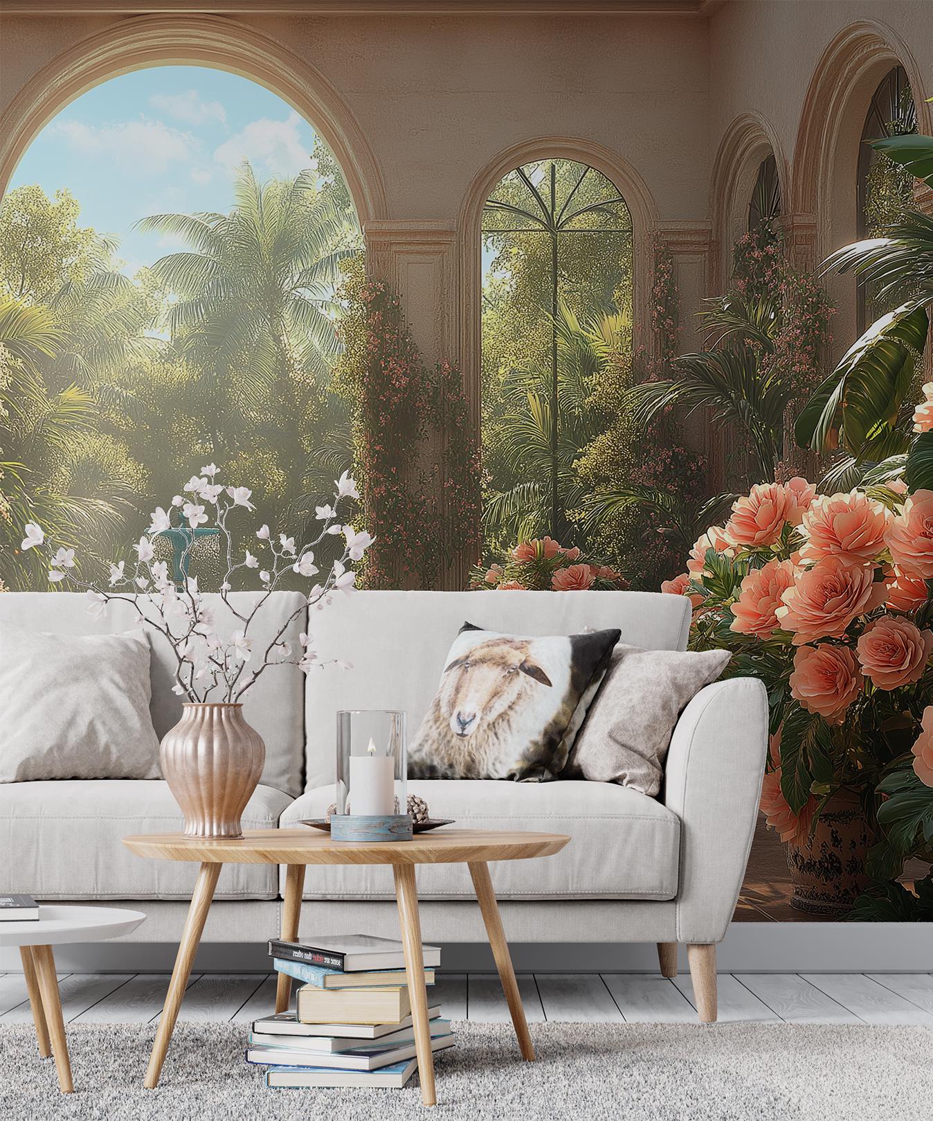 Mediterranean Garden Elegant Courtyard Floral Wallpaper – detail view, Golden Era Walls
