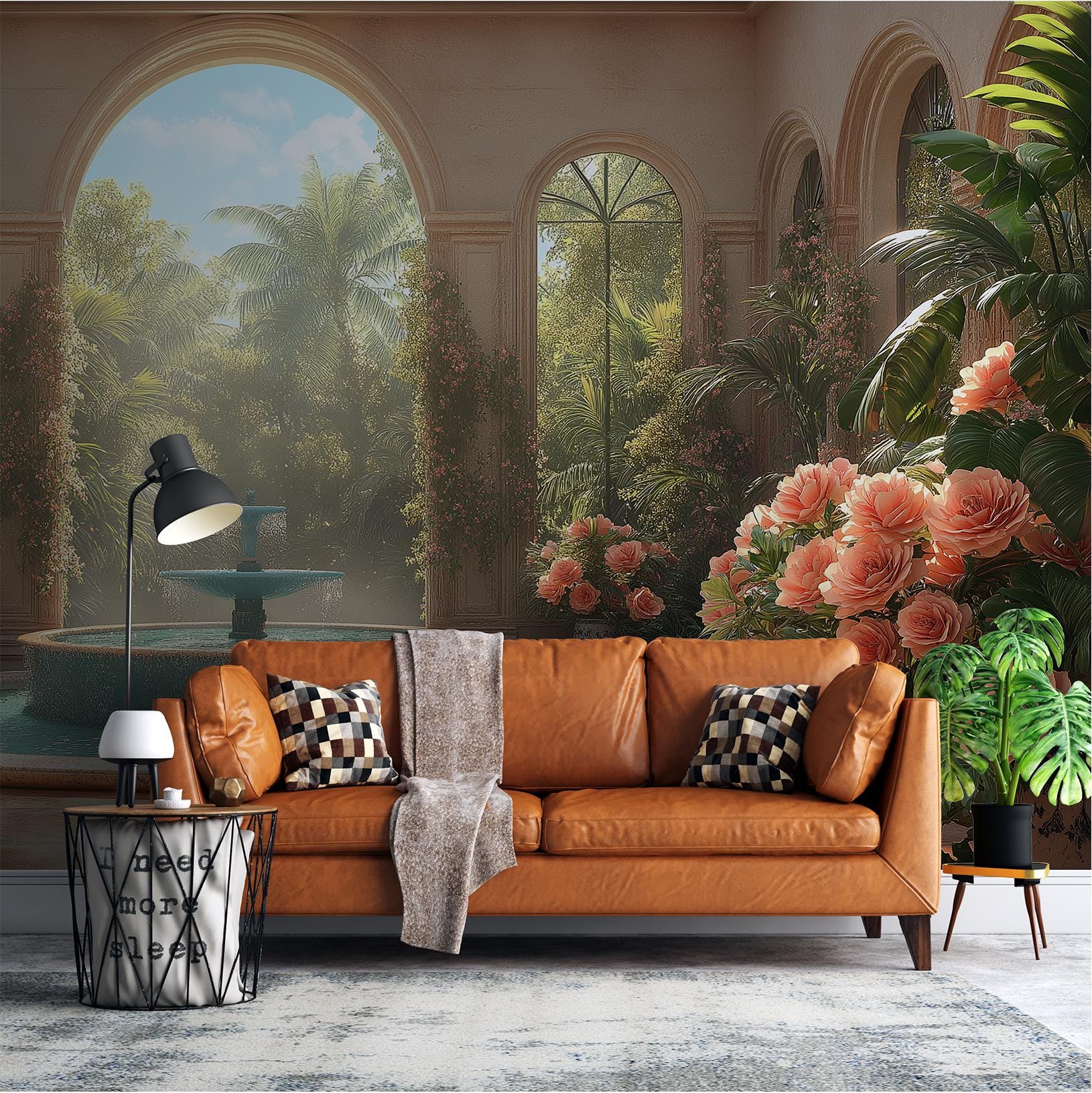 Mediterranean Garden Elegant Courtyard Floral Wallpaper – scale reference, Golden Era Walls