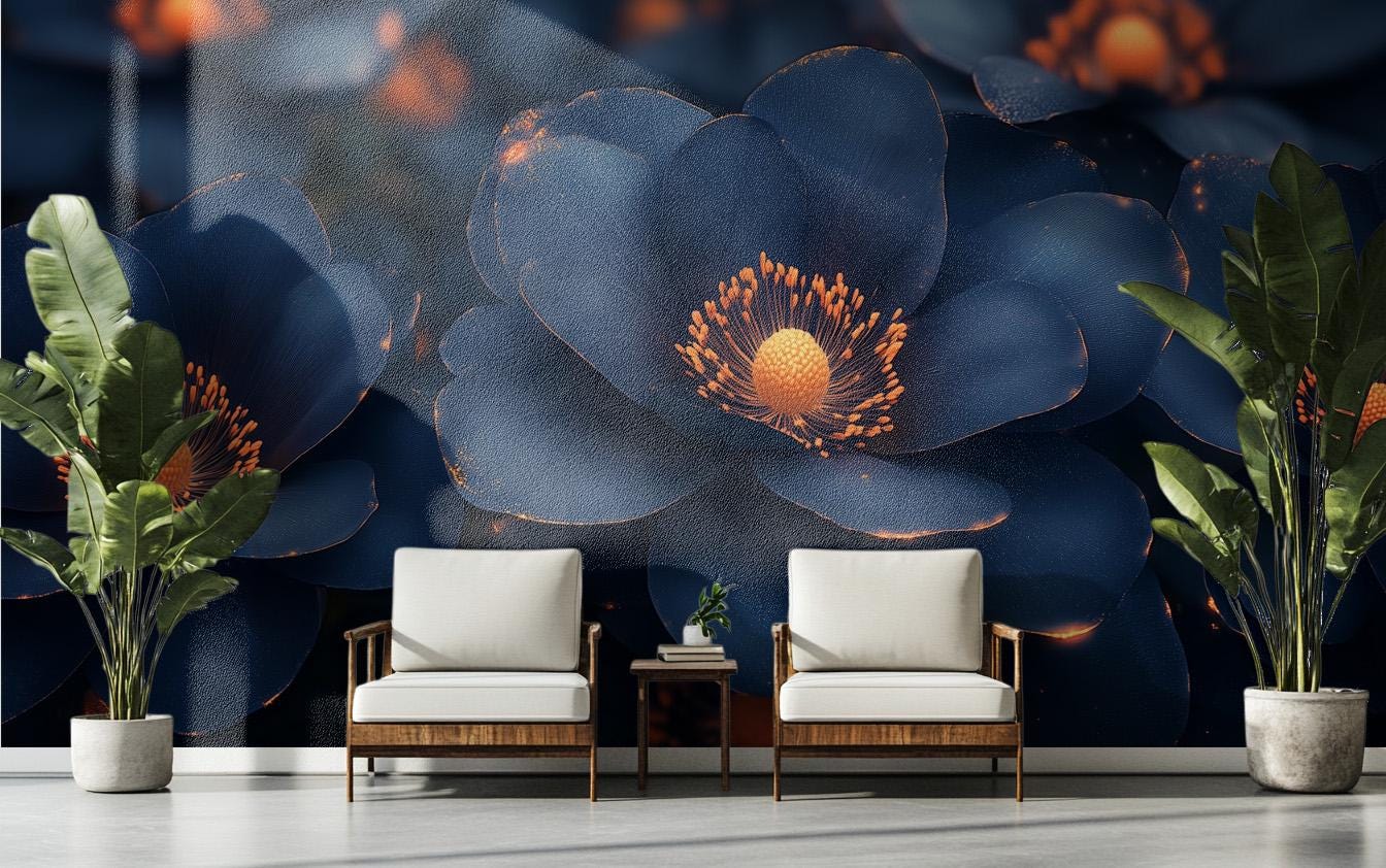 Midnight Blue Floral Moody Floral Wallpaper – scale reference, Golden Era Walls