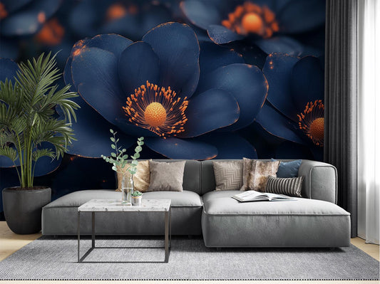 Midnight Blue Floral Moody Floral Wallpaper – lifestyle view, Golden Era Walls