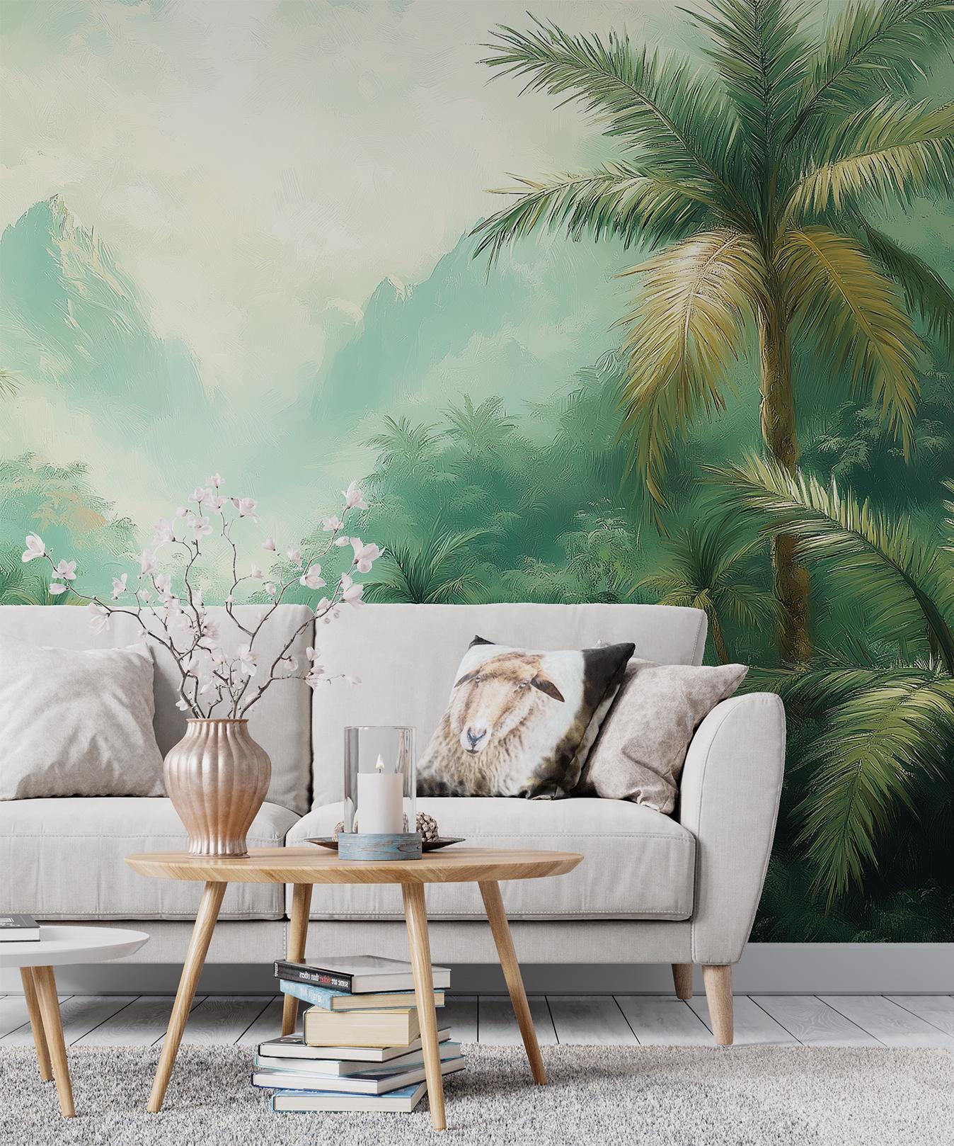 Misty Forest Autumn Woodland Coastal Wallpaper – scale reference, Golden Era Walls