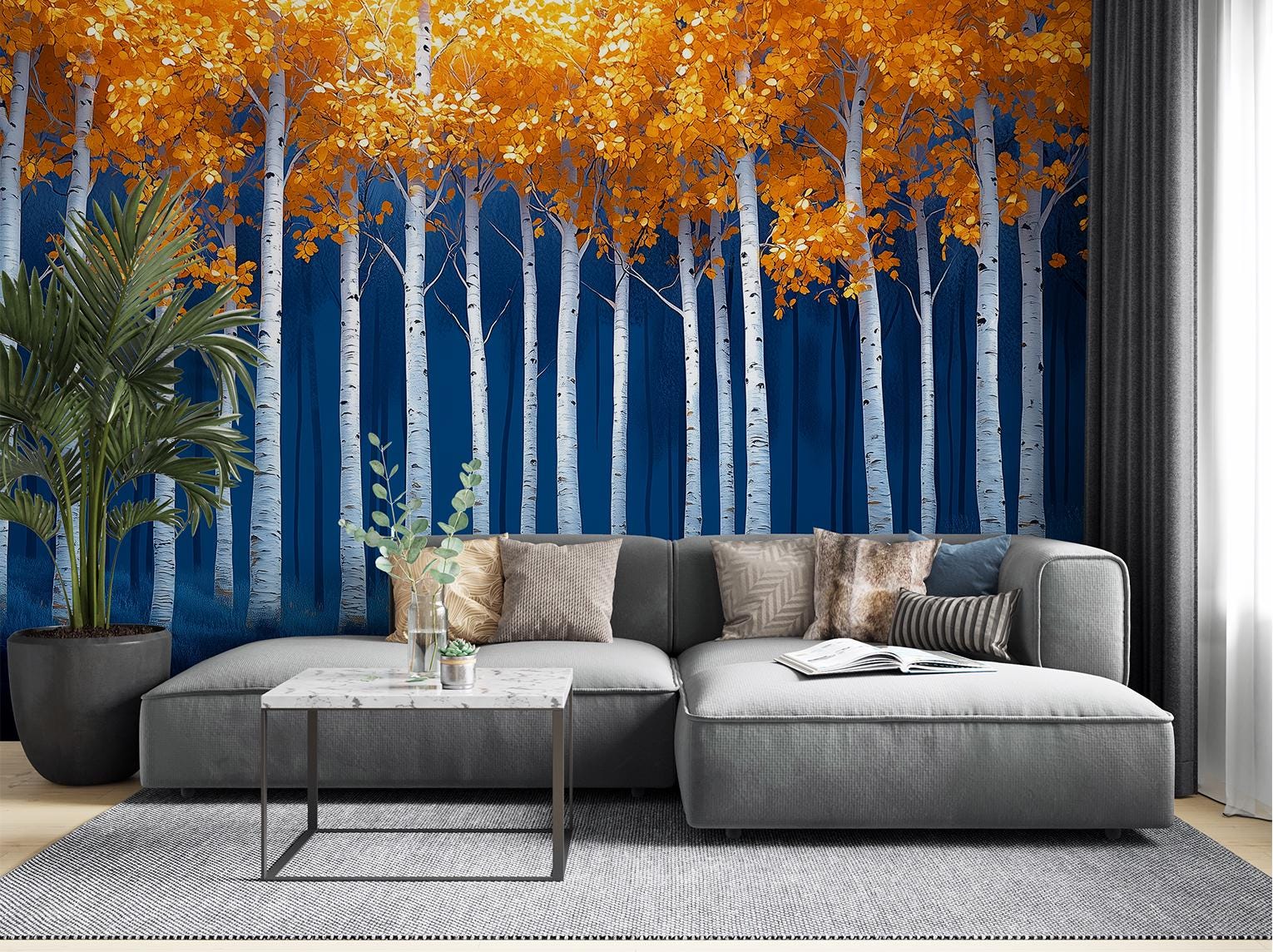 Birch Tree Autumn Orange Coastal Wallpaper – scale reference, Golden Era Walls