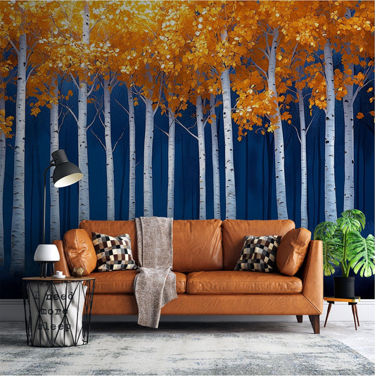 Birch Tree Autumn Orange Coastal Wallpaper – peel and stick wallpaper mural, Golden Era Walls
