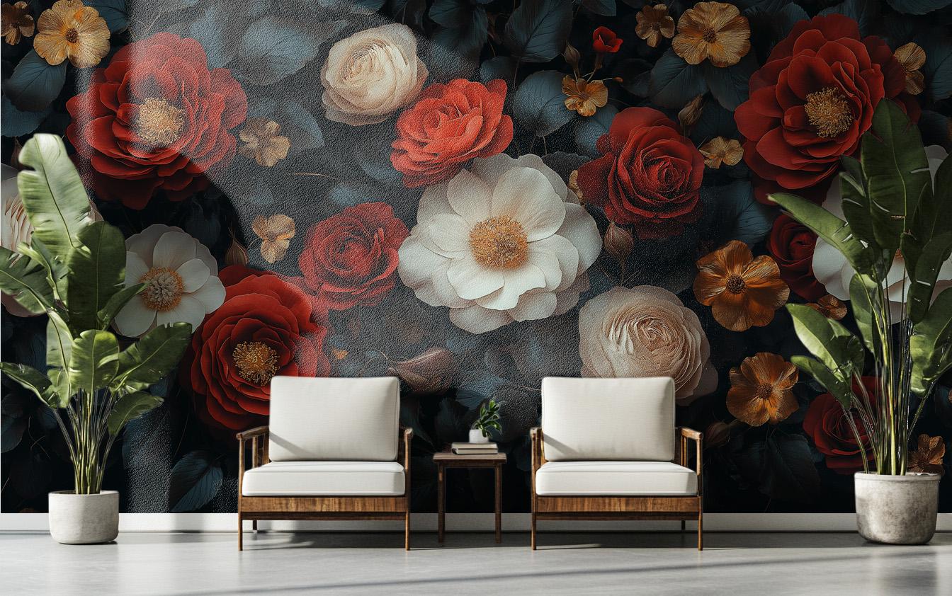 Red Rose Floral Dark Floral Wallpaper – scale reference, Golden Era Walls