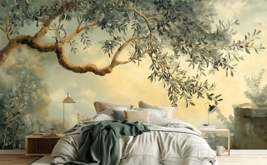 Olive Tree Vintage Mediterranean Wallpaper – lifestyle view, Golden Era Walls