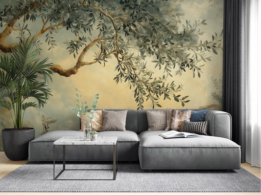 Olive Tree Vintage Mediterranean Wallpaper – room setting, Golden Era Walls