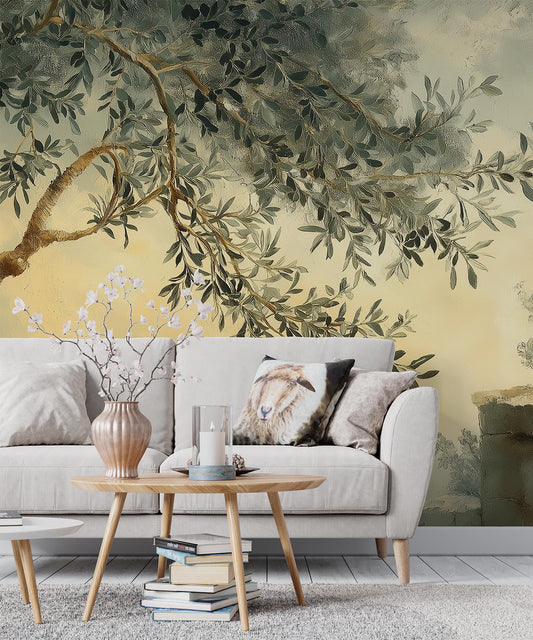 Olive Tree Vintage Mediterranean Wallpaper – peel and stick wallpaper mural, Golden Era Walls
