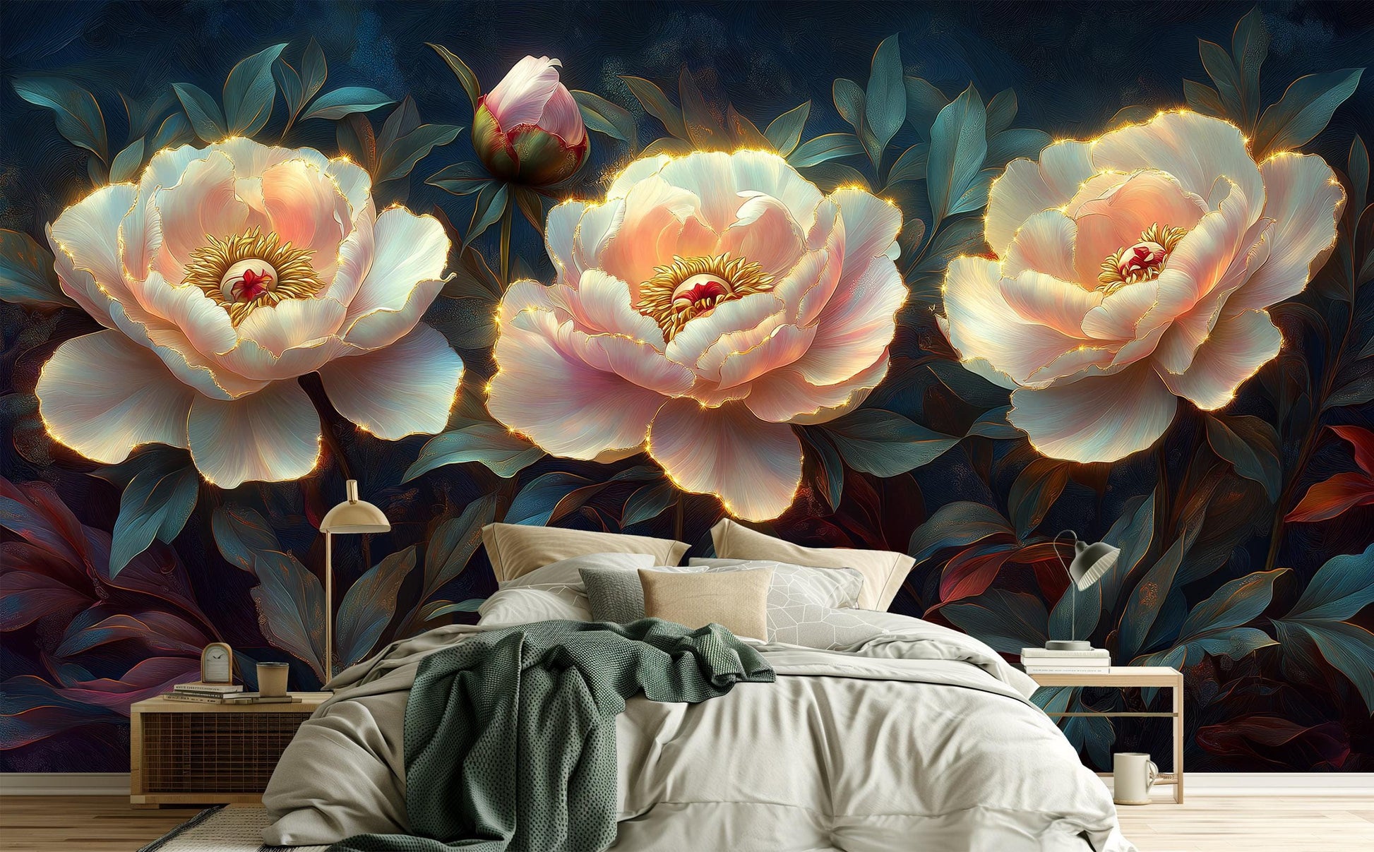 Peony Flower Elegant Botanical Floral Wallpaper – scale reference, Golden Era Walls