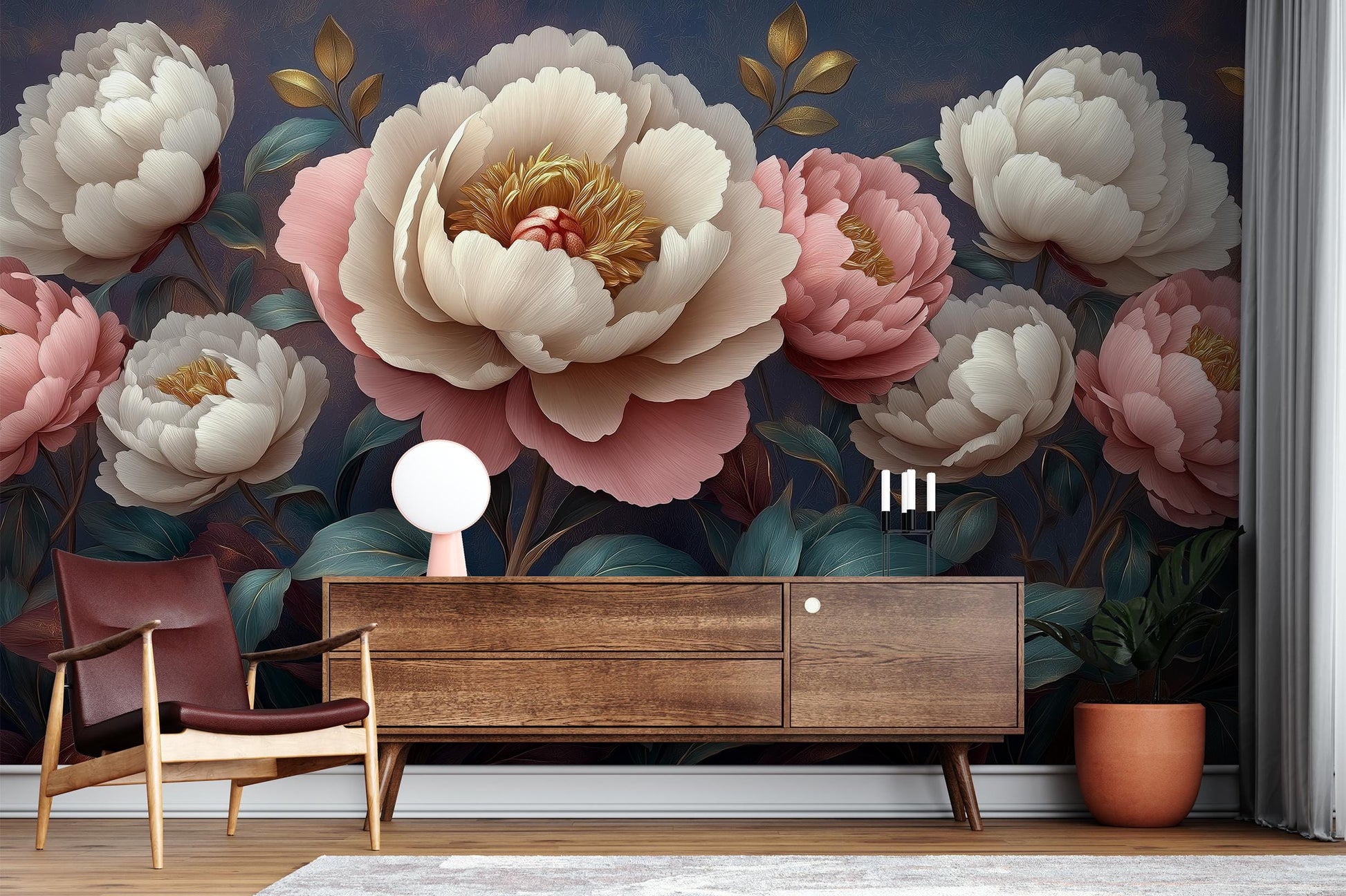 Peony Flower Romantic Vintage Floral Wallpaper – detail view, Golden Era Walls