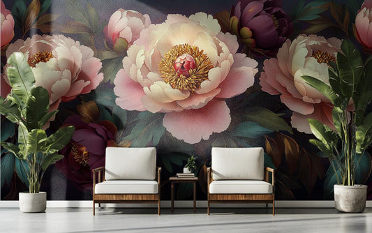 Romantic Peony Floral Vintage Floral Wallpaper – room setting, Golden Era Walls