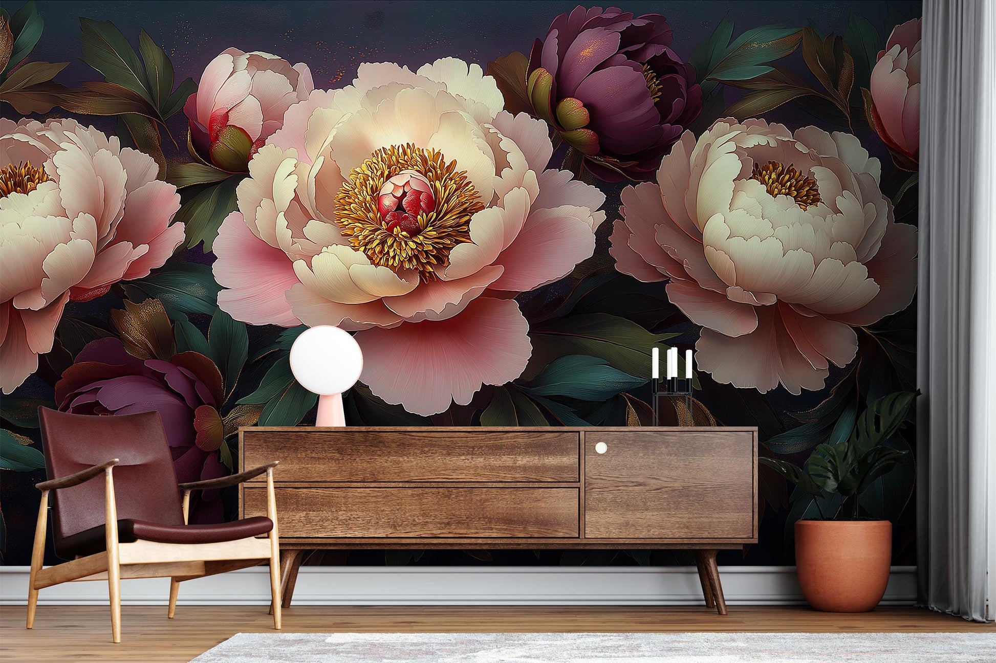 Romantic Peony Floral Vintage Floral Wallpaper – peel and stick wallpaper mural, Golden Era Walls