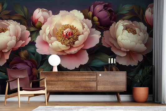 Romantic Peony Floral Vintage Floral Wallpaper – peel and stick wallpaper mural, Golden Era Walls