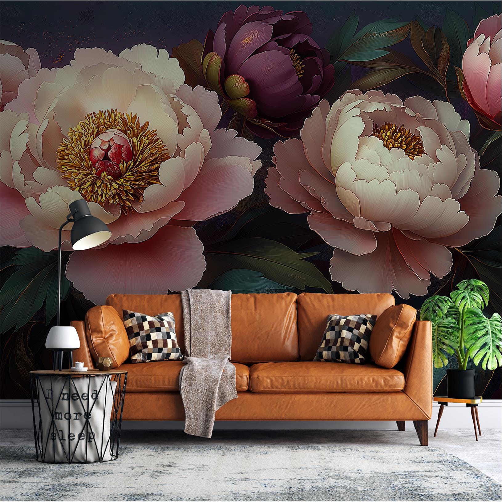 Romantic Peony Floral Vintage Floral Wallpaper – scale reference, Golden Era Walls
