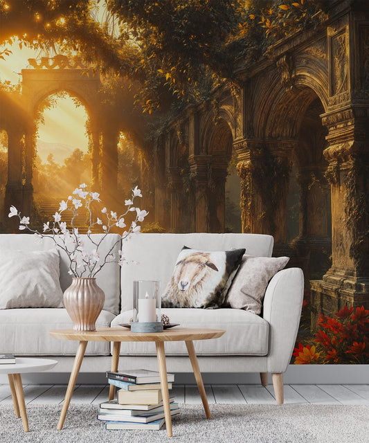 Secret Garden Archway Vintage Floral Wallpaper – lifestyle view, Golden Era Walls