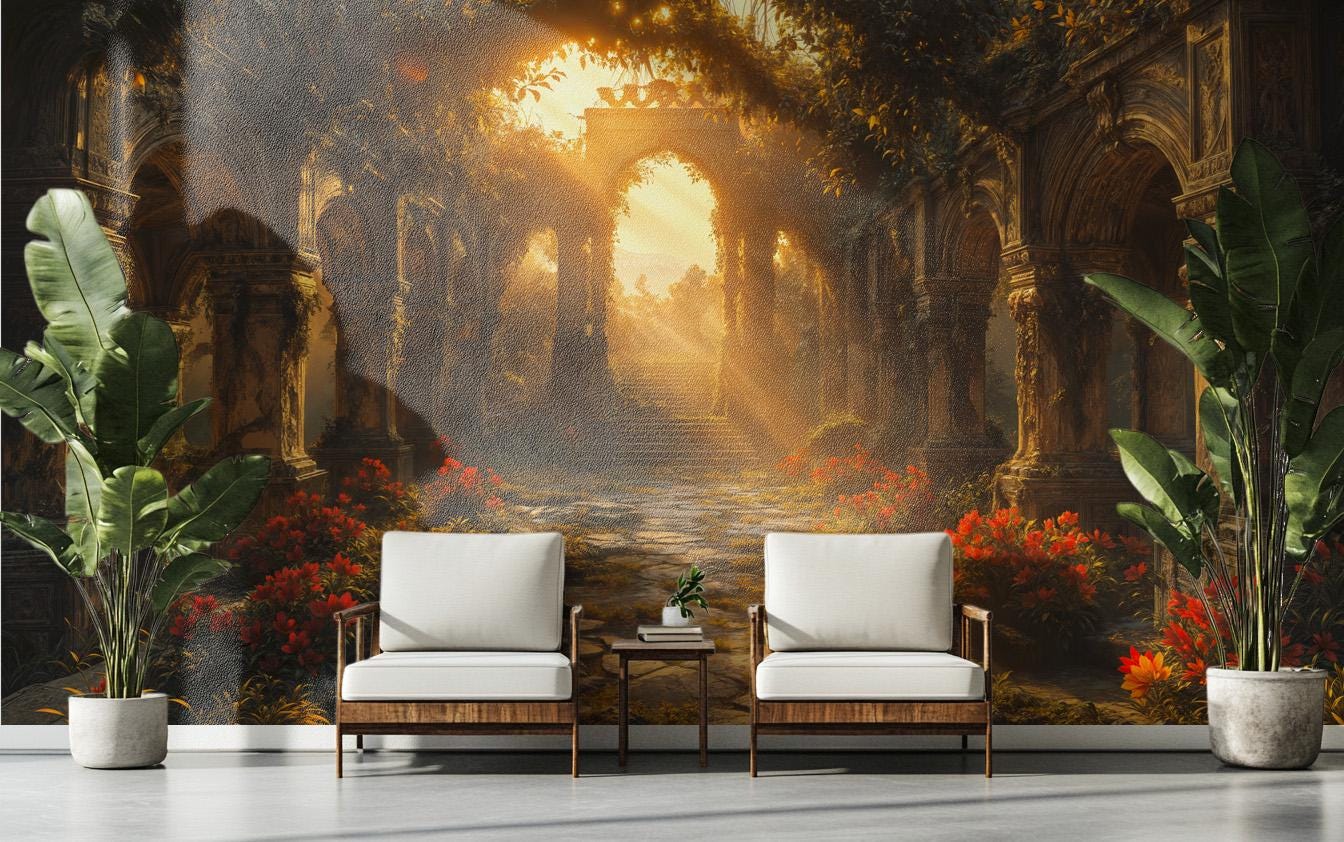 Secret Garden Archway Vintage Floral Wallpaper – peel and stick wallpaper mural, Golden Era Walls