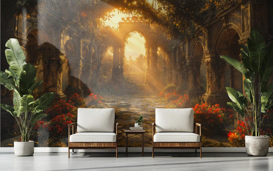 Secret Garden Archway Vintage Floral Wallpaper – peel and stick wallpaper mural, Golden Era Walls