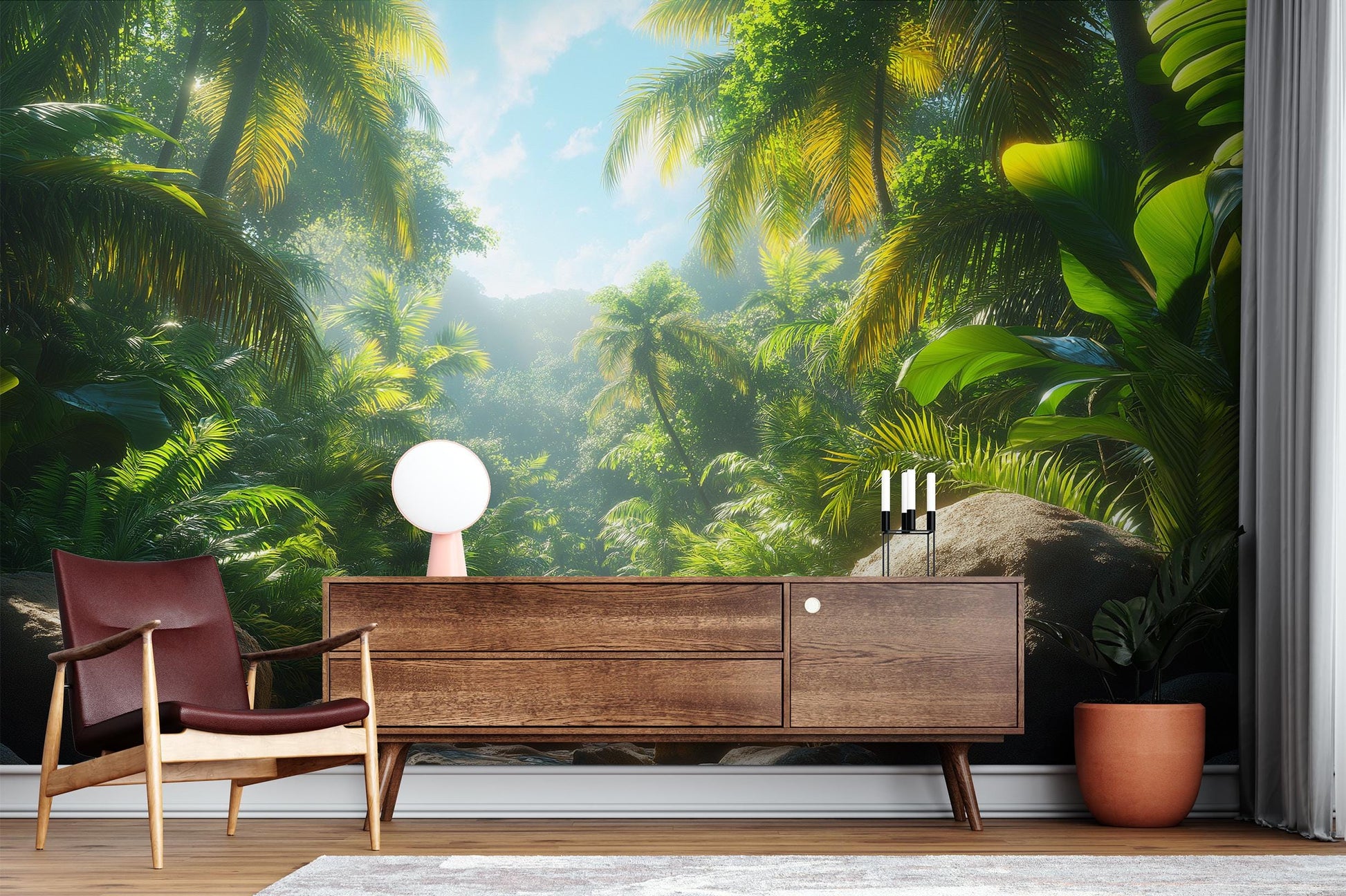 Sunlit Jungle Tropical Palm Floral Wallpaper – lifestyle view, Golden Era Walls