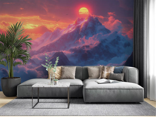 Sunset Mountain Dreamy Nature Wallpaper – room setting, Golden Era Walls