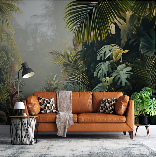 Tropical Rainforest Lush Jungle Tropical Wallpaper – room setting, Golden Era Walls