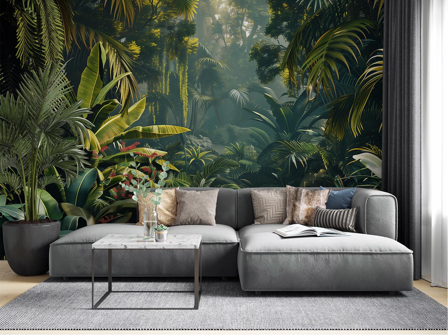 Tropical Rainforest Lush Green Floral Wallpaper – detail view, Golden Era Walls