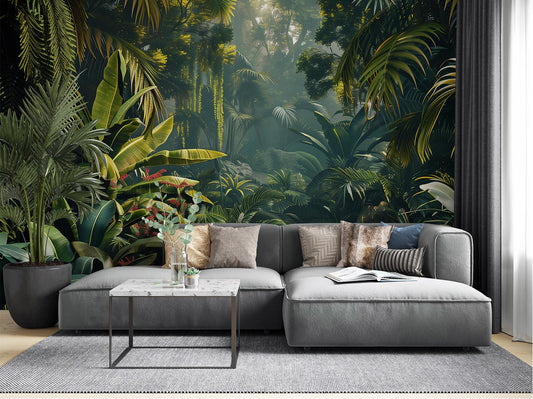 Tropical Rainforest Lush Green Floral Wallpaper – detail view, Golden Era Walls