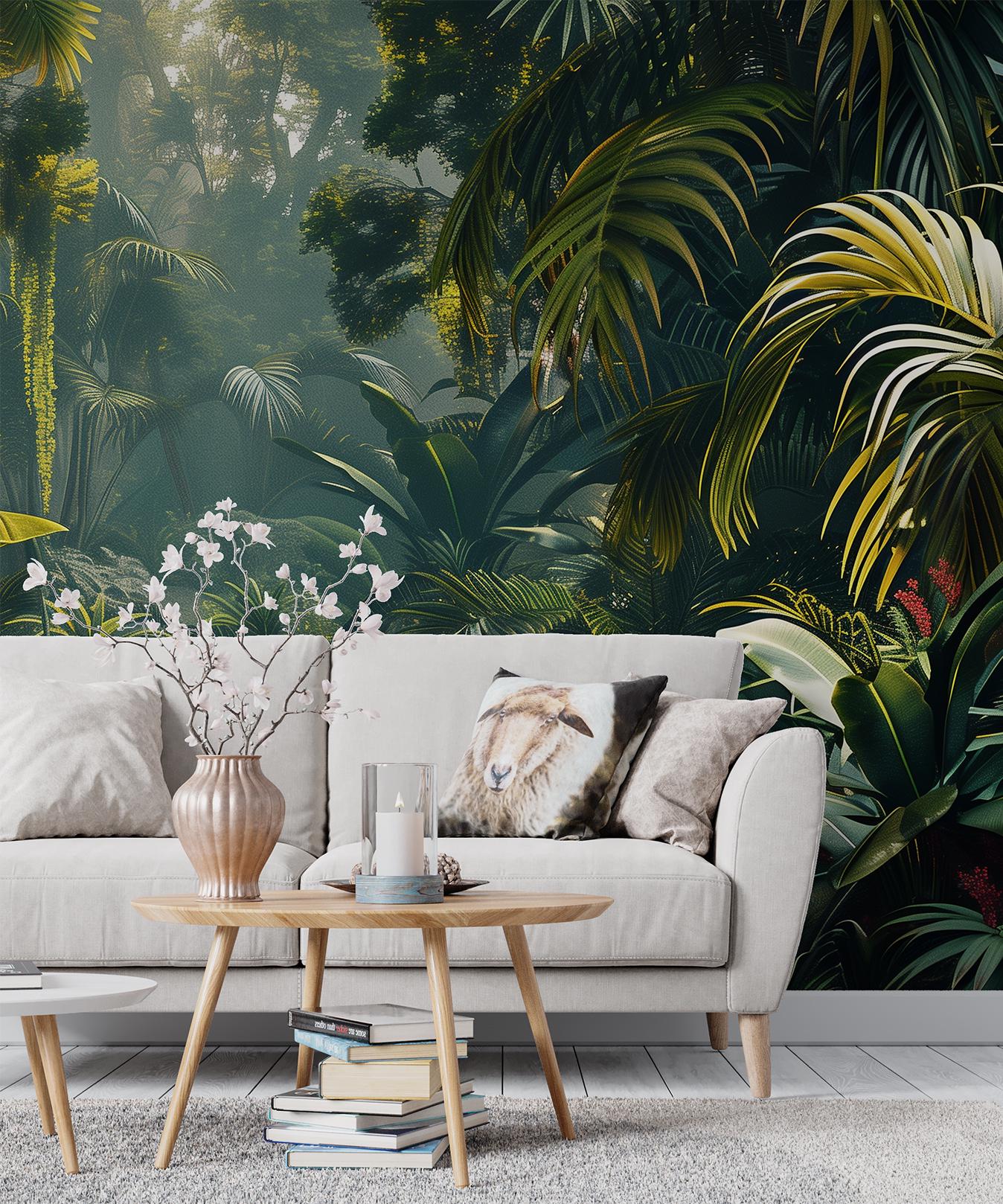 Tropical Rainforest Lush Green Floral Wallpaper – scale reference, Golden Era Walls