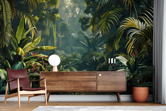 Tropical Rainforest Lush Green Floral Wallpaper – lifestyle view, Golden Era Walls