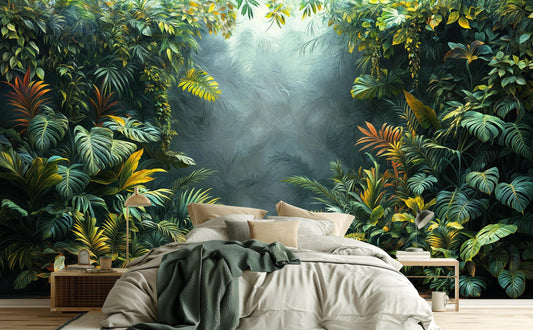 Tropical Jungle Lush Rainforest Floral Wallpaper – room setting, Golden Era Walls