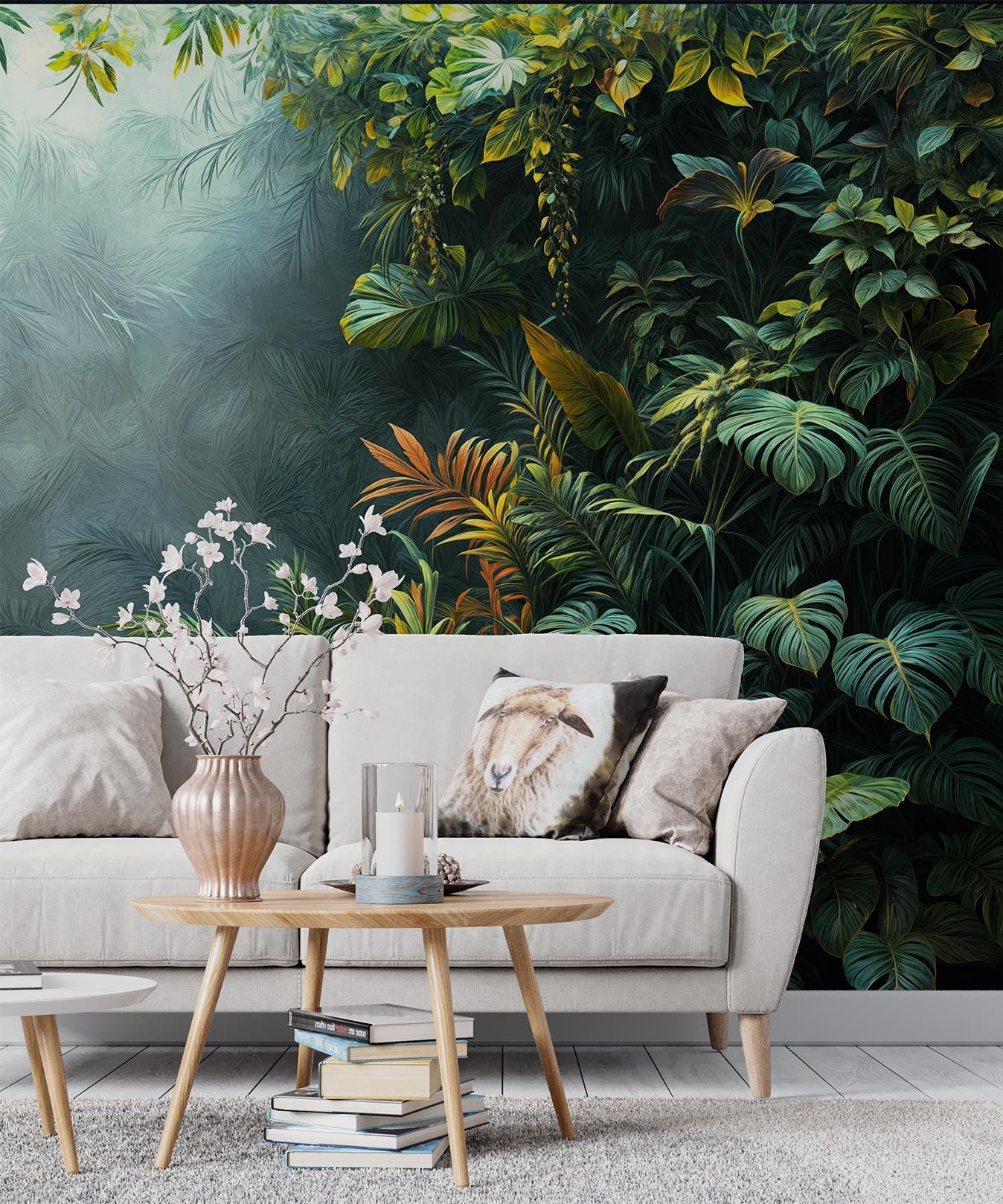 Tropical Jungle Lush Rainforest Floral Wallpaper – scale reference, Golden Era Walls