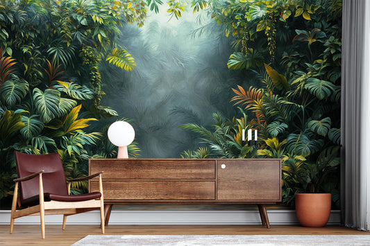 Tropical Jungle Lush Rainforest Floral Wallpaper – lifestyle view, Golden Era Walls