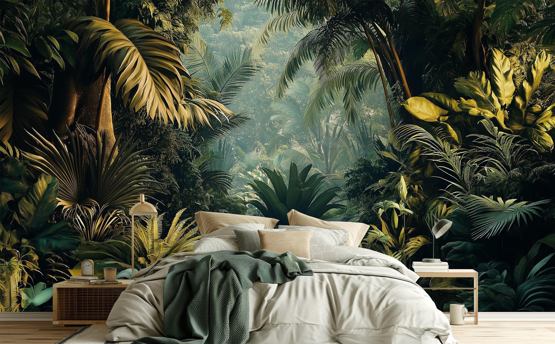 Tropical Jungle Dense Green Floral Wallpaper – peel and stick wallpaper mural, Golden Era Walls