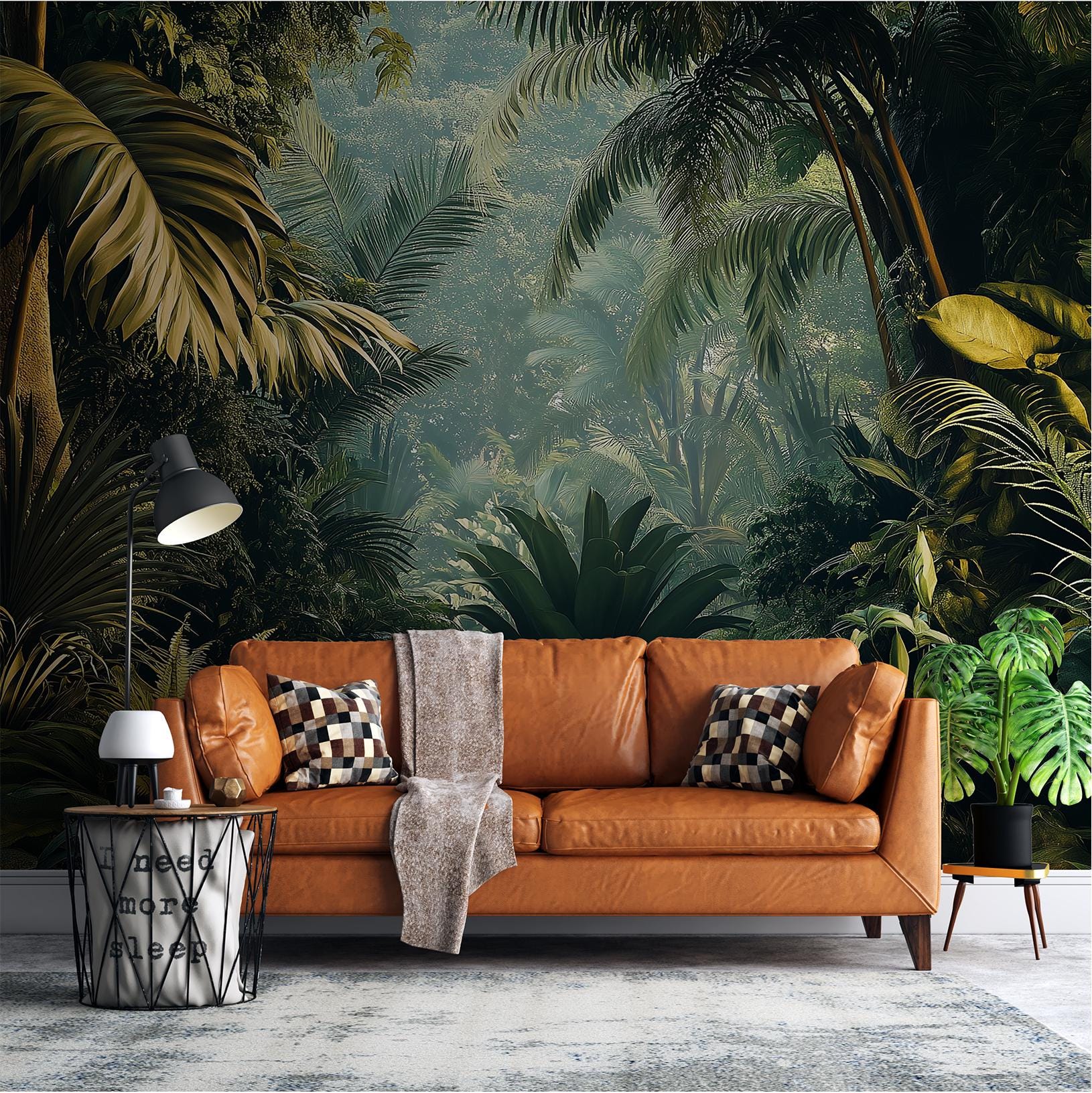Tropical Jungle Dense Green Floral Wallpaper – room setting, Golden Era Walls