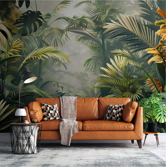 Tropical Jungle Green Leaf Floral Wallpaper – detail view, Golden Era Walls