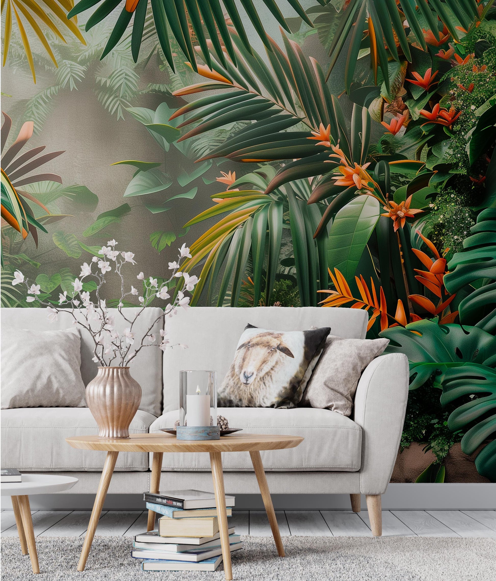 Tropical Jungle Lush Green Floral Wallpaper – detail view, Golden Era Walls
