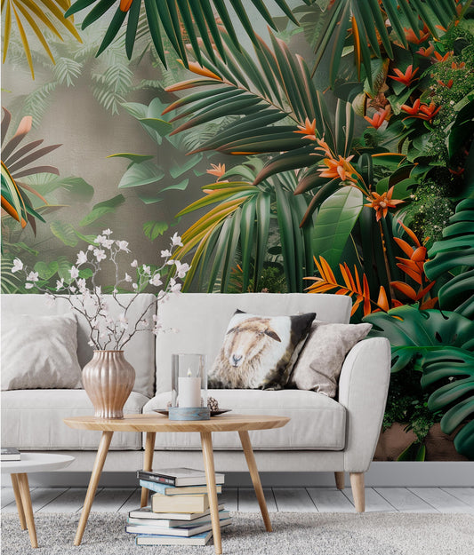 Tropical Jungle Lush Green Floral Wallpaper – detail view, Golden Era Walls
