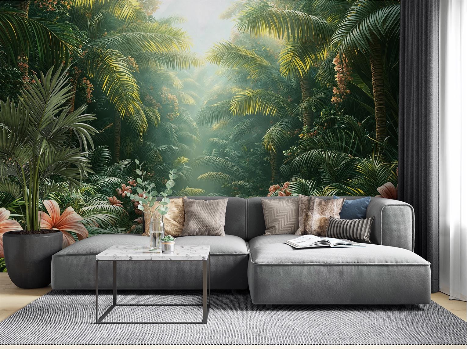 Tropical Jungle Palm Leaf Floral Wallpaper – room setting, Golden Era Walls