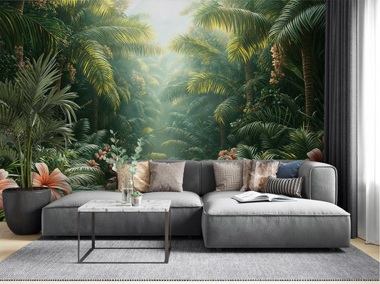 Tropical Jungle Palm Leaf Floral Wallpaper – room setting, Golden Era Walls