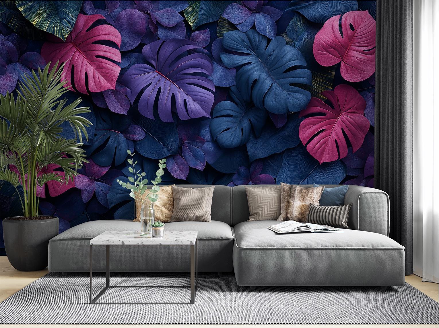 Monstera Leaf Dark Jungle Floral Wallpaper – room setting, Golden Era Walls