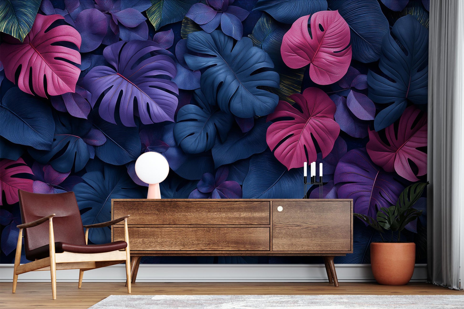 Monstera Leaf Dark Jungle Floral Wallpaper – lifestyle view, Golden Era Walls