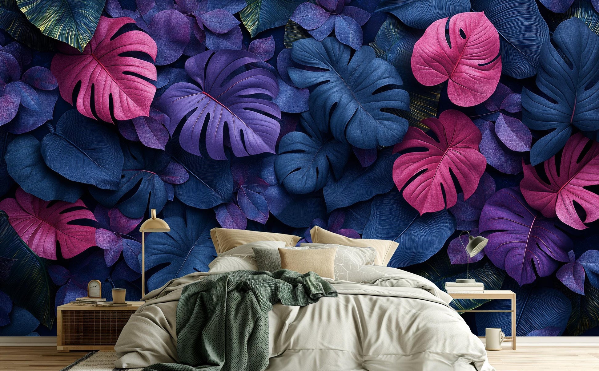 Monstera Leaf Dark Jungle Floral Wallpaper – peel and stick wallpaper mural, Golden Era Walls
