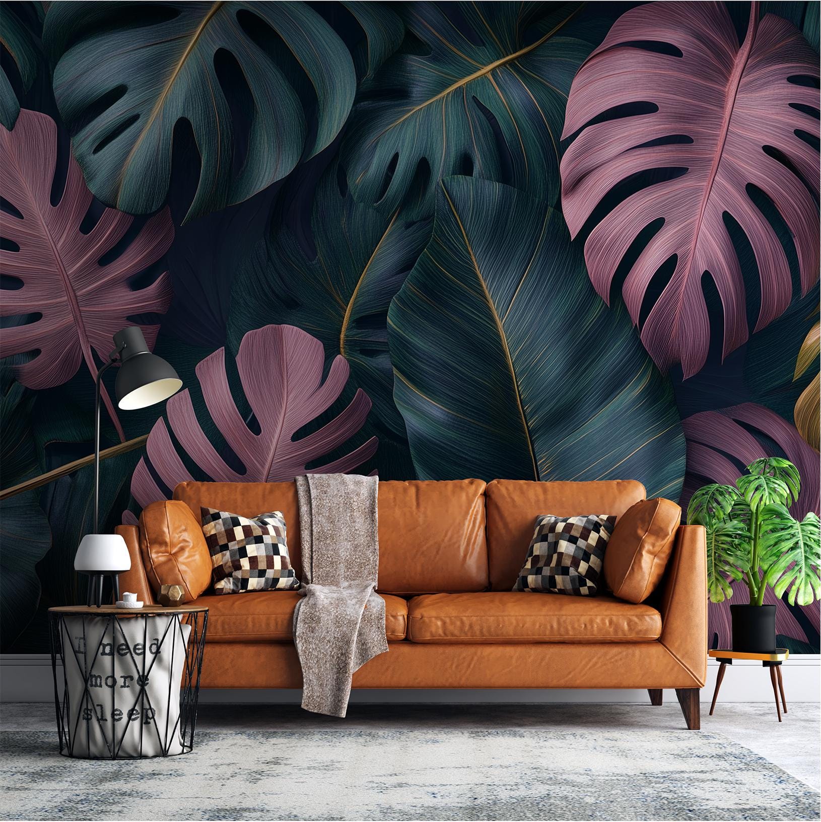 Tropical Monstera Leaf Boho Floral Wallpaper – scale reference, Golden Era Walls