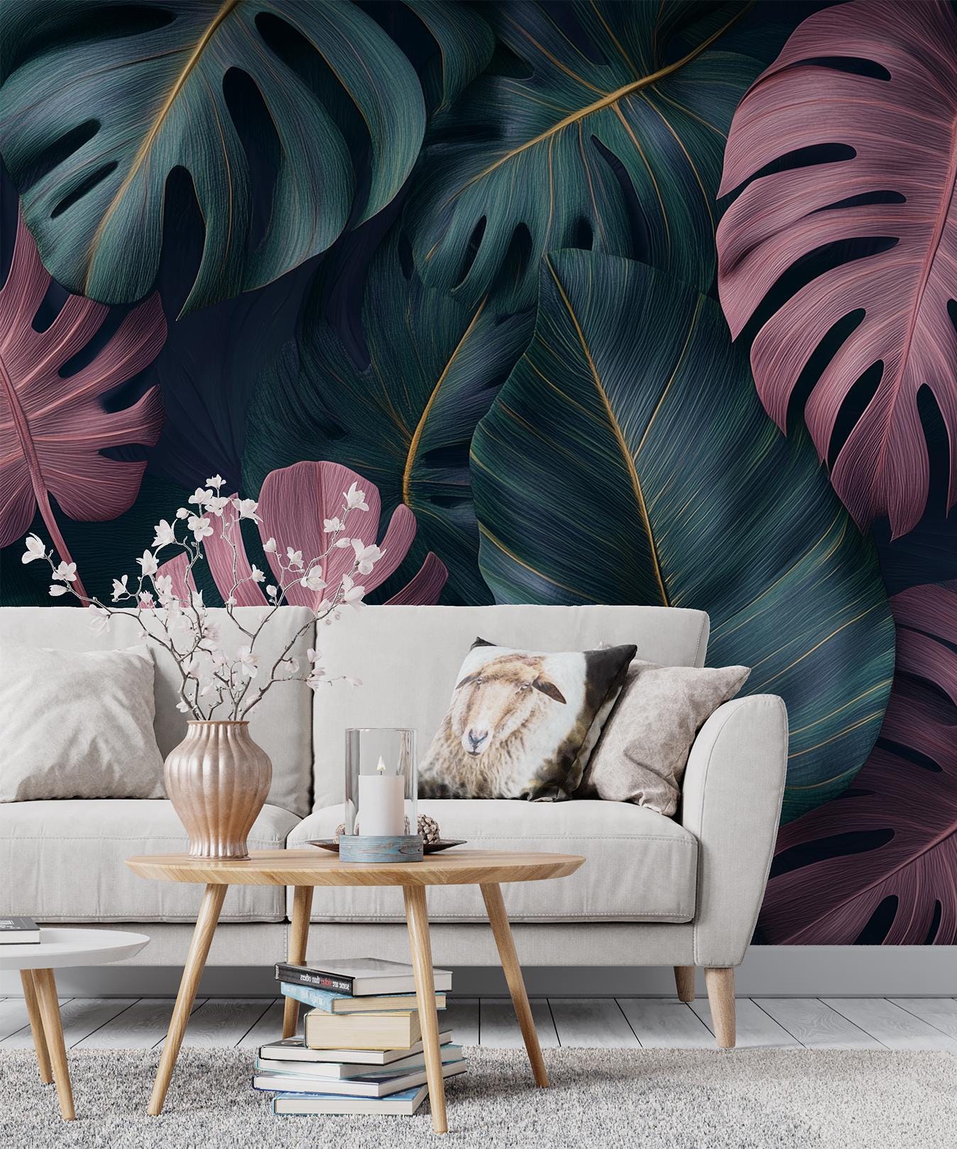 Tropical Monstera Leaf Boho Floral Wallpaper – detail view, Golden Era Walls