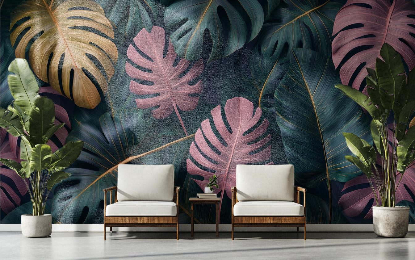Tropical Monstera Leaf Boho Floral Wallpaper – peel and stick wallpaper mural, Golden Era Walls