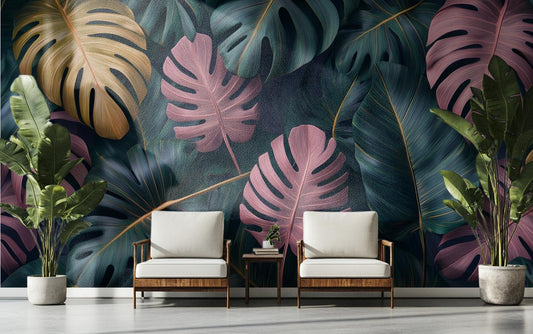 Tropical Monstera Leaf Boho Floral Wallpaper – peel and stick wallpaper mural, Golden Era Walls