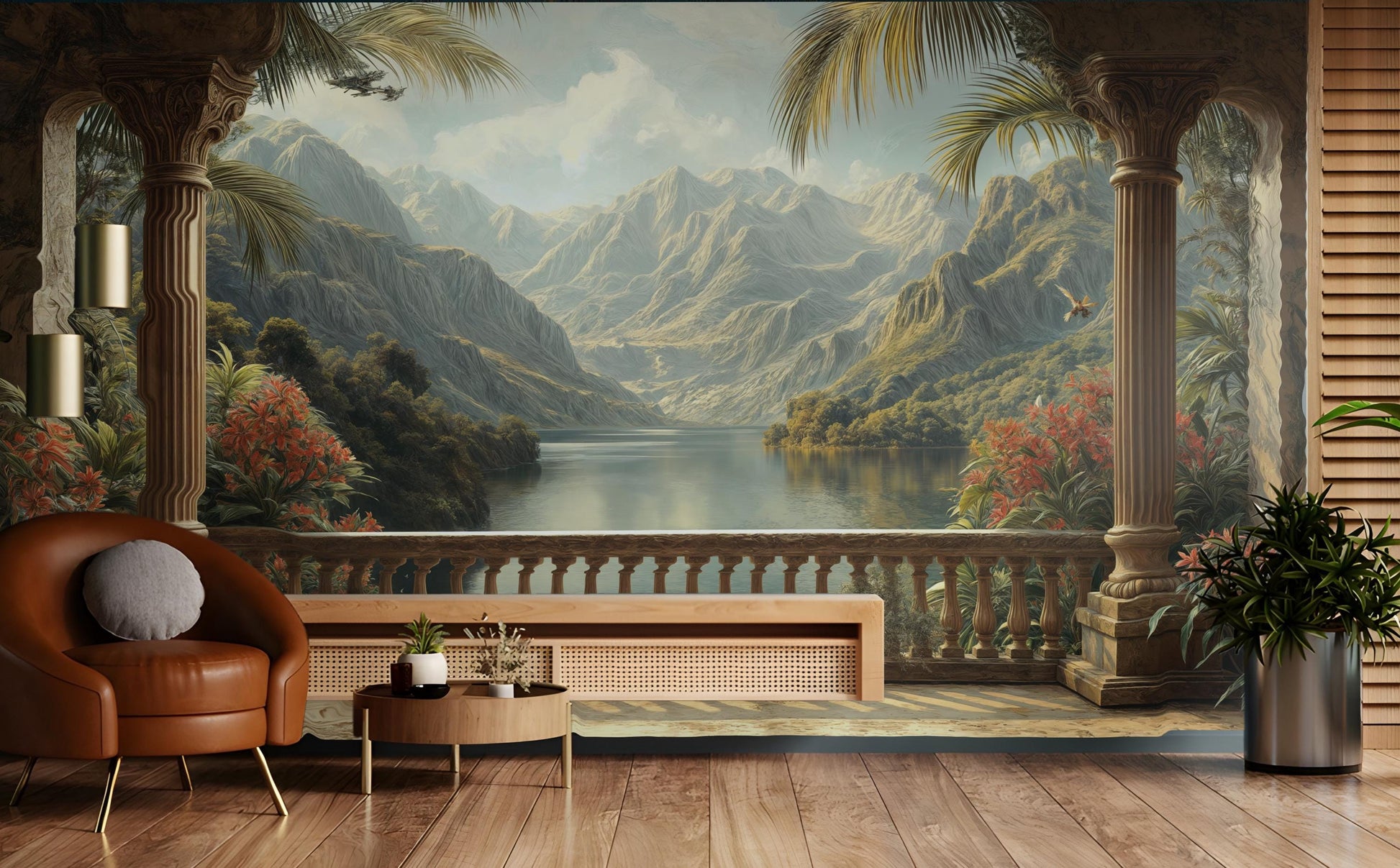 Tropical Balcony View Hand Tropical Wallpaper – lifestyle view, Golden Era Walls