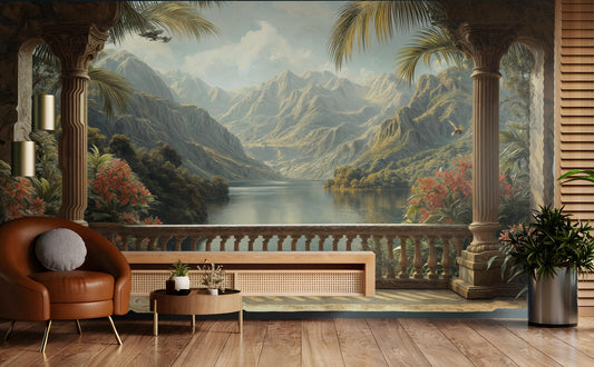 Tropical Balcony View Hand Tropical Wallpaper – lifestyle view, Golden Era Walls