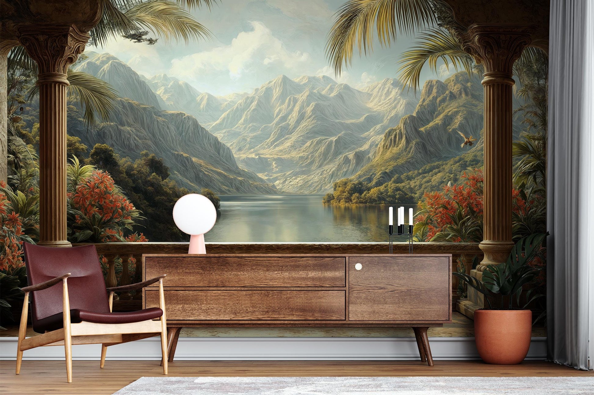 Tropical Balcony View Hand Tropical Wallpaper – detail view, Golden Era Walls