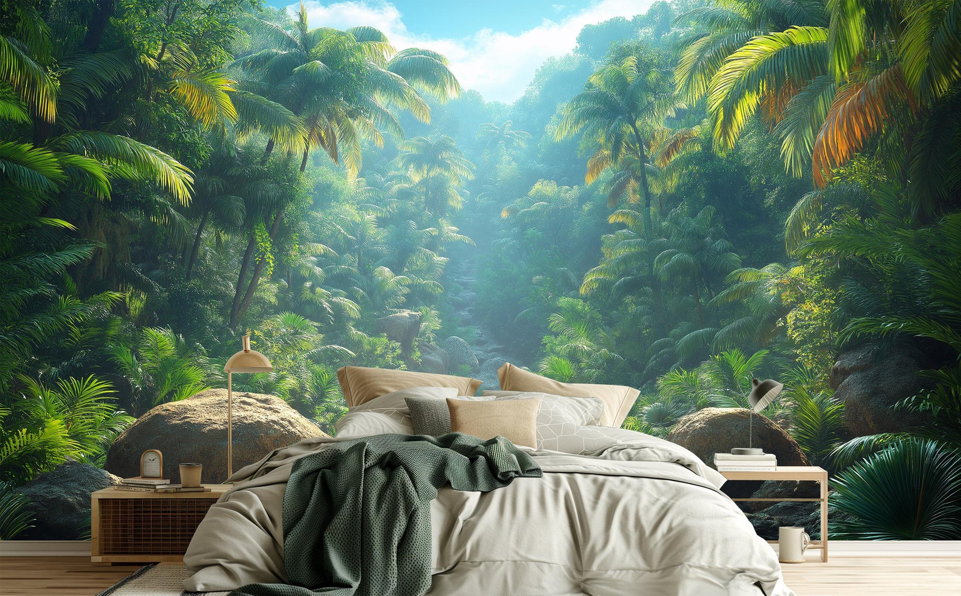 Tropical Rainforest Exotic Green Floral Wallpaper – room setting, Golden Era Walls