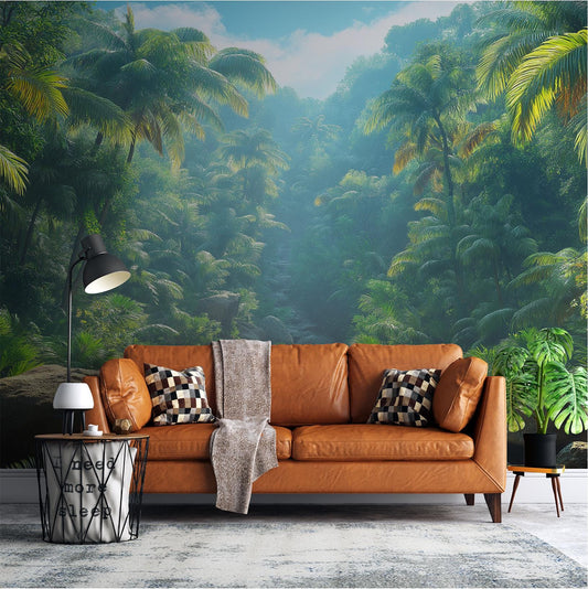 Tropical Rainforest Exotic Green Floral Wallpaper – lifestyle view, Golden Era Walls