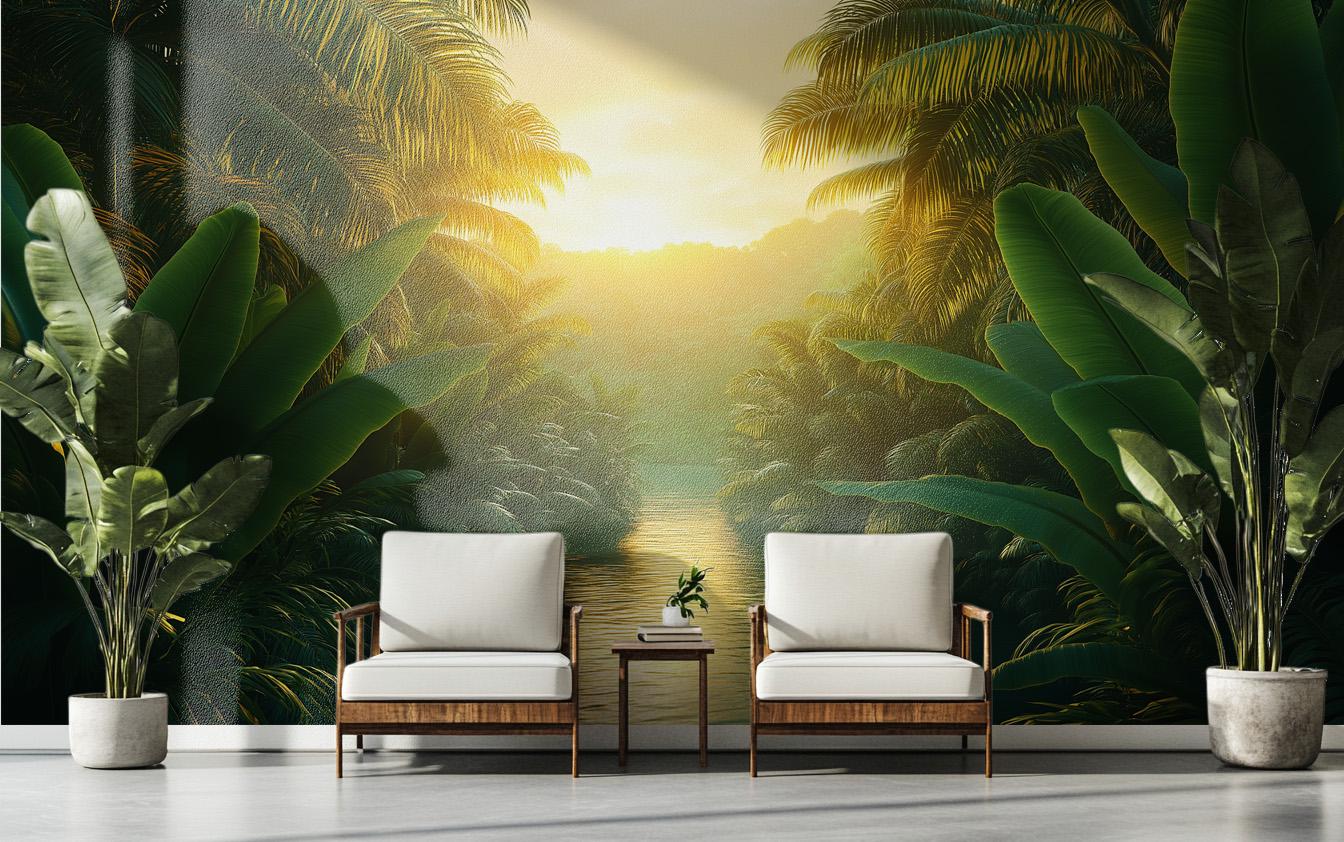 Tropical Sunset Exotic Palm Tropical Wallpaper – scale reference, Golden Era Walls